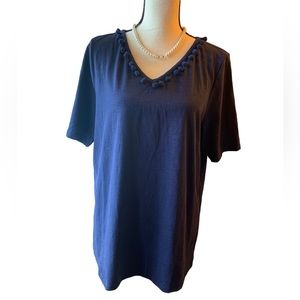 NWT NAVY belle fancy tee szL poms trim on V neck